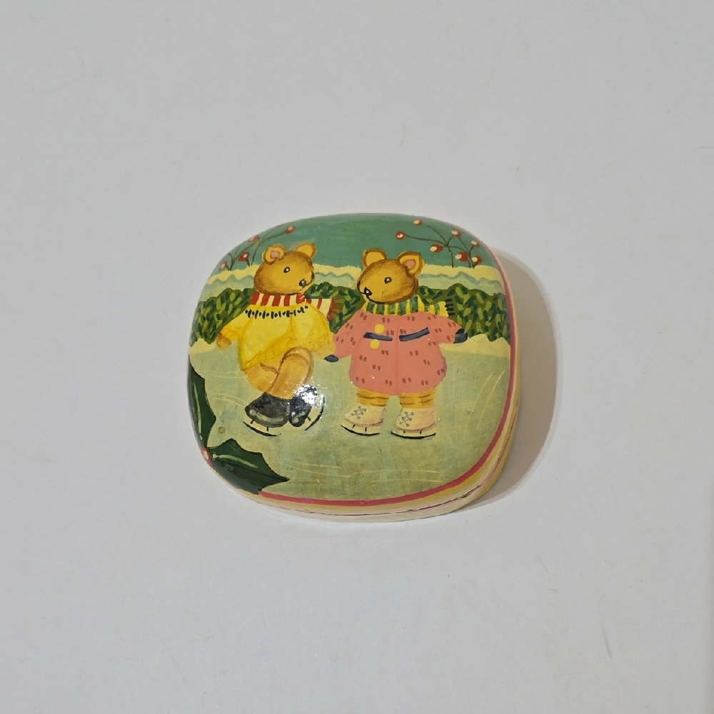 Vintage Kashmir Hand-Painted Ice Skating Teddy Bears Trinket Box